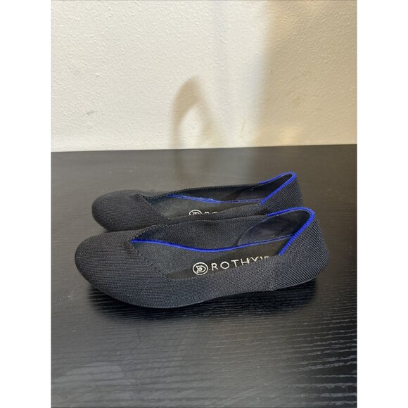 Rothys The Flat Black Blue Trim Women’s Size 7 Round Toe Knit Ballet Flats - Picture 1 of 10